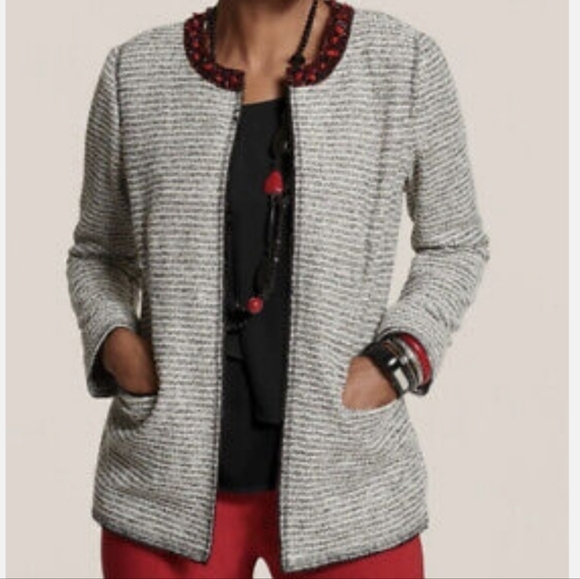 Chico's Black, White, Silver Tweed Jacket with Embellished Neckline 2 / L - Picture 4 of 11